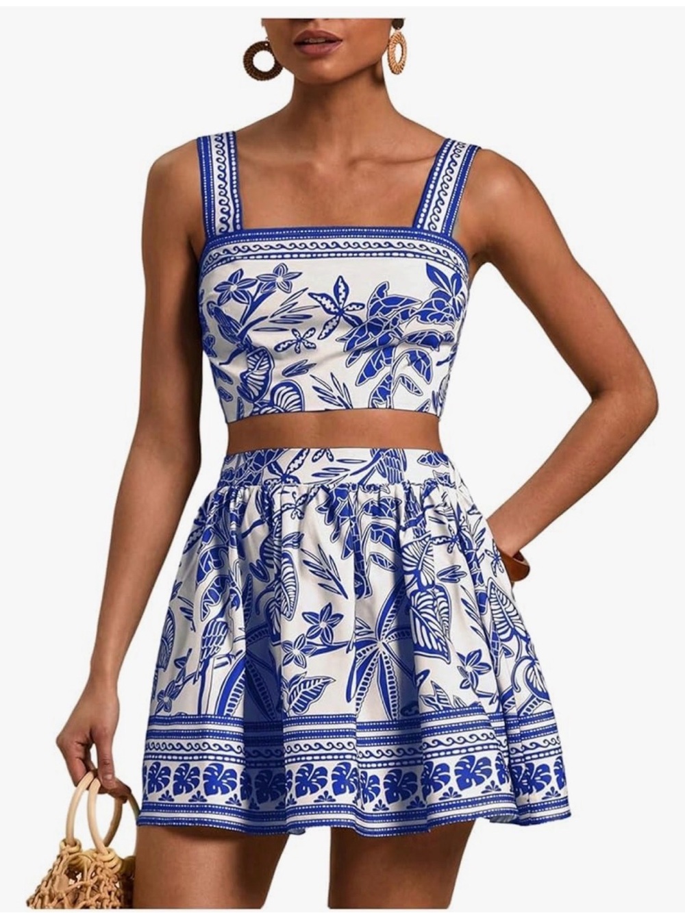 Blue and White Floral Two-Piece Crop Top & Skirt Set